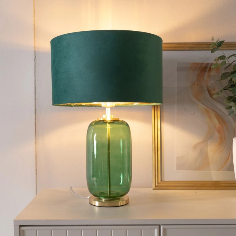 Image of ValueLights ValueLights Leigh Forest Green & Gold Glass Table Lamp with Green Velvet & Gold Inner Shade in Bottle Green Bottle Green One Size Unisex 5