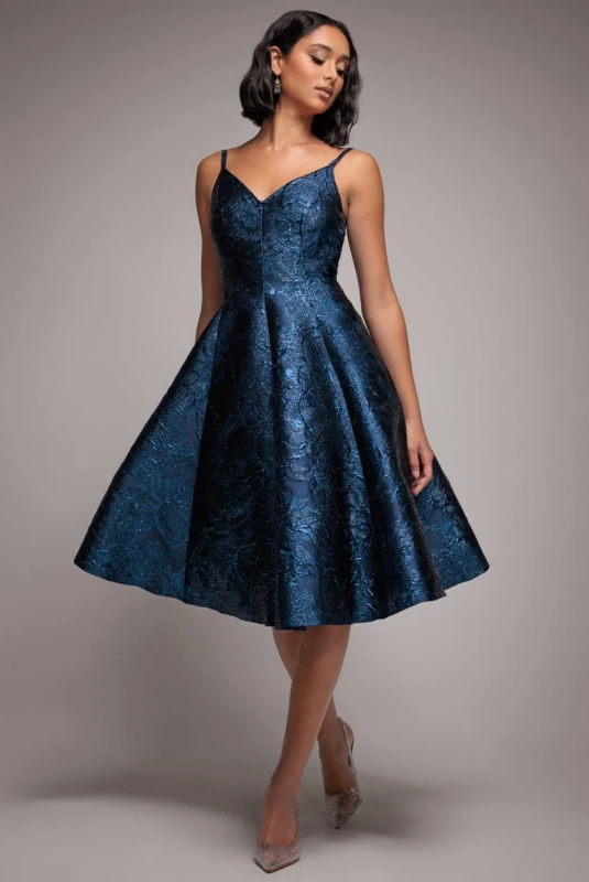 Image of Goddiva Womens Jacquard Sleeveless A line Midi Dress in Navy Size: 12 Navy Female 12