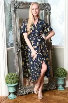 Navy Rose Foil Print Wrap Midi Dress