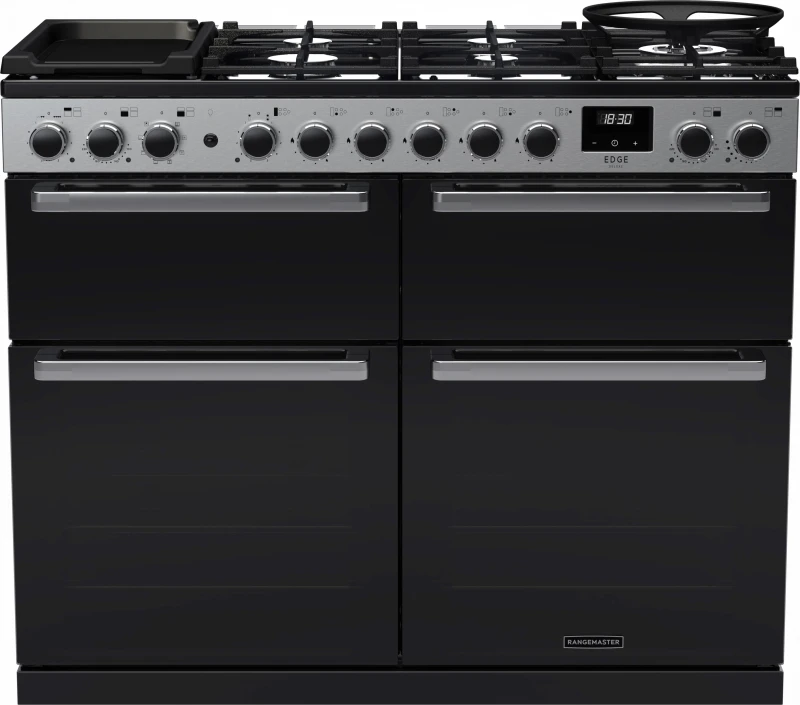 Image of Rangemaster Edge Deluxe EDDLB110DFGBLK/CM1 110cm wide Dual Fuel Range Cooker with Gas Hob - Black Glass / Chrome - A/A Rated