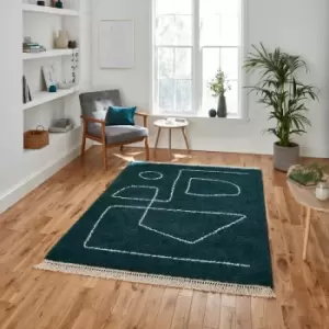 Image of Think Rugs Boho A474 Shaggy High Density Pile Tasselled Rug, Dark Green, 160 x 220 Cm