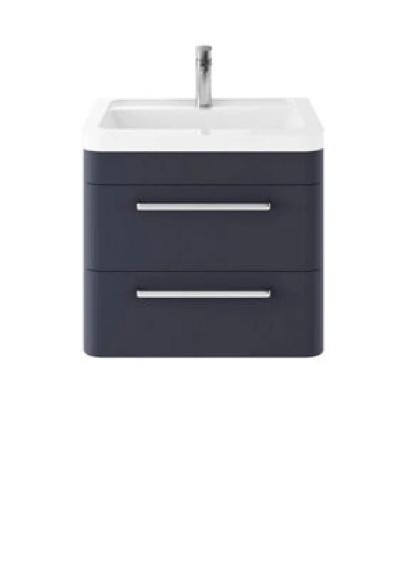 Image of Nuie Hudson Reed Solar Wall Hung Vanity Unit With Ceramic Basin, Modern 2 Drawer Bathroom Sink Vanity Unit In Indigo Blue, 600mm