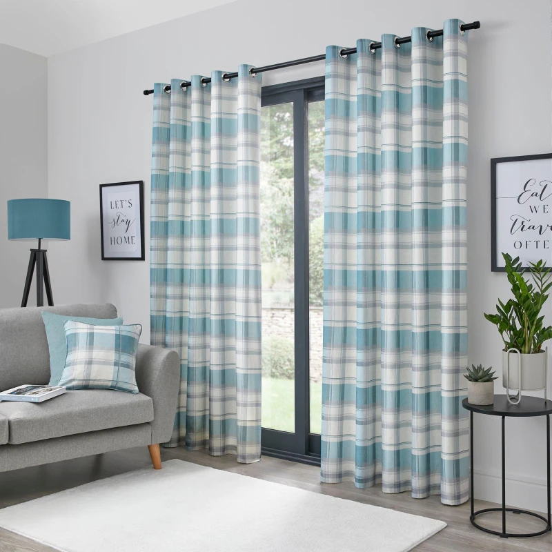 Image of Fusion 'Balmoral Check' Country Checked Pattern Pair of Eyelet Curtains Duck Egg Blue