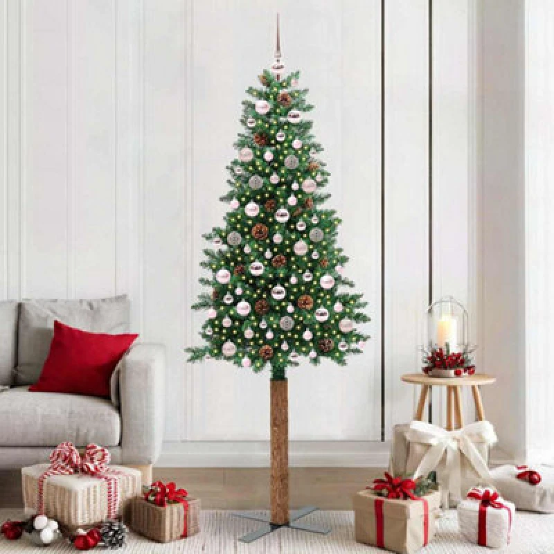 Image of vidaXL Slim Christmas Tree with Pink Balls Green 210cm PVC and Solid Pine wood, Green 3394879