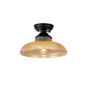 image of Dresden Flush Ceiling Lamp E27 With Round 30cm Glass Shade Matt Black, Amber