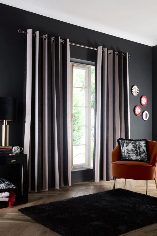 Image of Laurence Llewelyn-Bowen Laurence Llewelyn-Bowen 'Festivo Stripe' Striped Velvet Blackout Pair of Eyelet Curtains Size: 229cm width x 183cm drop Blac