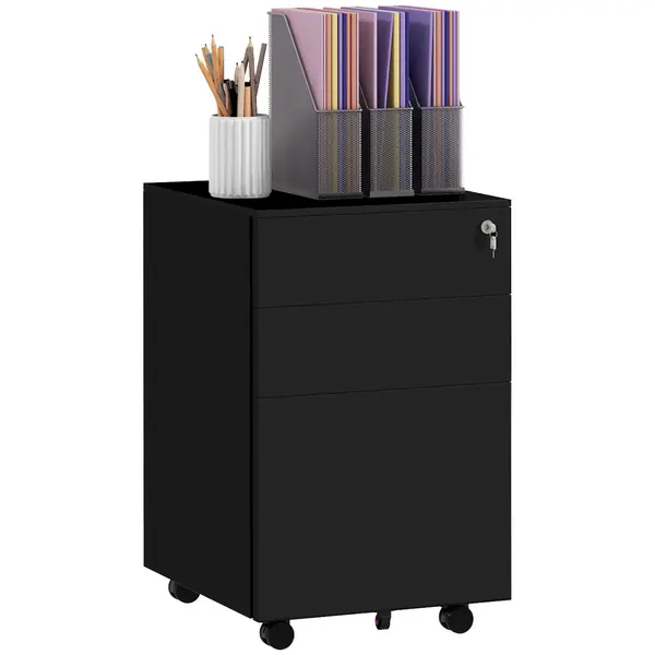 Vinsetto 3-Drawer Vertical Filing Cabinet w/ Lock & Pencil Tray, Steel Mobile File Cabinet w/ Adjustable Hanging Bar for A4, Legal Size, Black