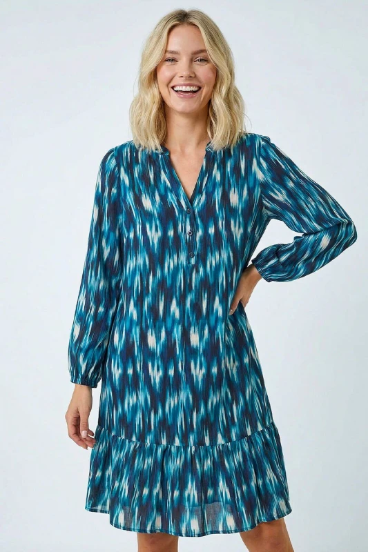 Image of Roman Womens Petite Ikat Print Tiered Hem Dress in Teal Size: 12 Teal Female 12