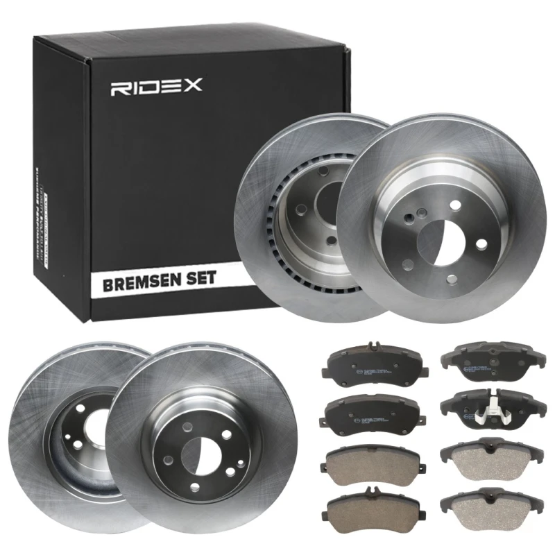 Image of RIDEX 3405B1751 Brake disc and pads set Rear Axle, Brake Disc Type: internally vented, prepared for wear warning indicator Brake Set,disc brakes (340
