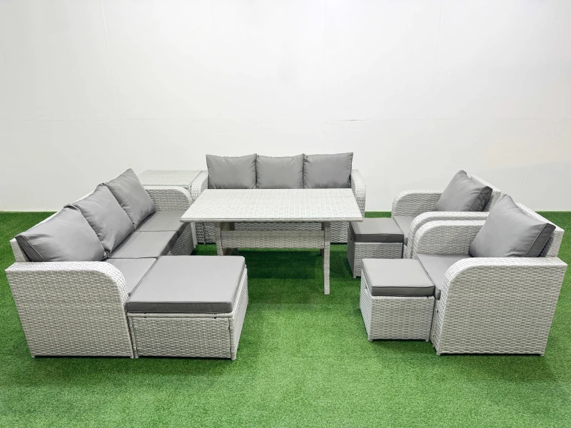Image of Fimous PE Rattan High Back Lounge Sofa Set Patio Rectangular Dining Table & Chairs Set with 3 Seater Sofa Reclining Chair 3 Stools Side Table Light Gr