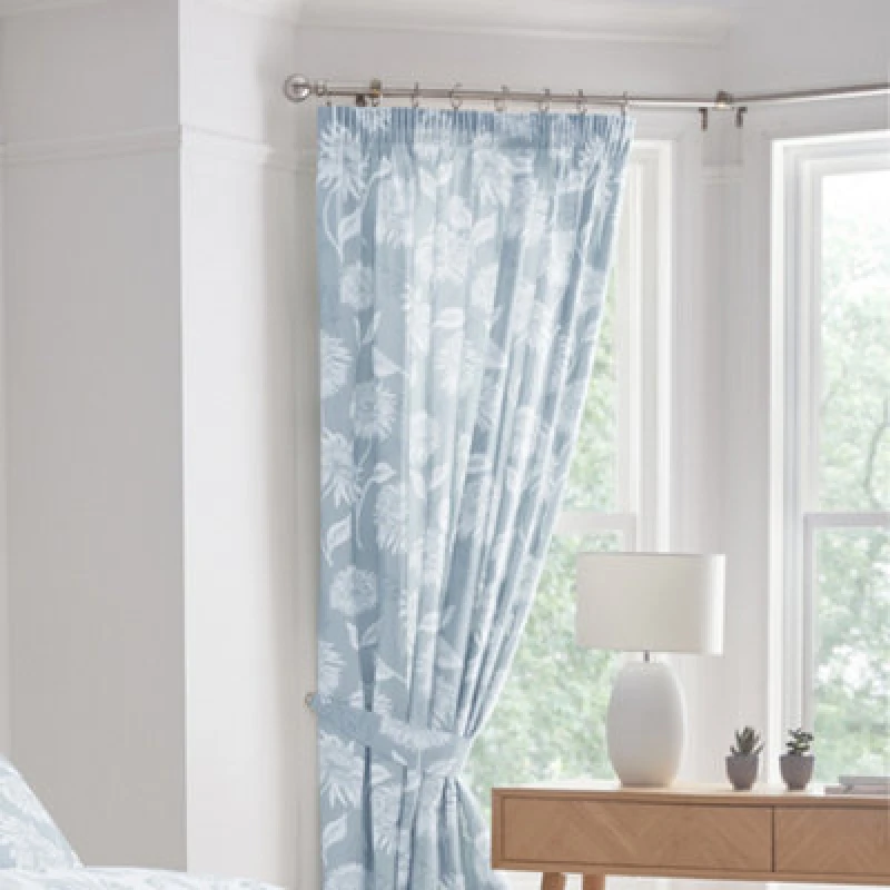 Image of Dreams & Drapes 'Chrysanthemum' Floral Print Lined Pair of Pencil Pleat Curtains With Tie-Backs Blue