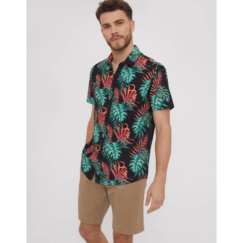 Image of Threadbare 'Knight' Tropical Print Short Sleeve Cotton Shirt Black male