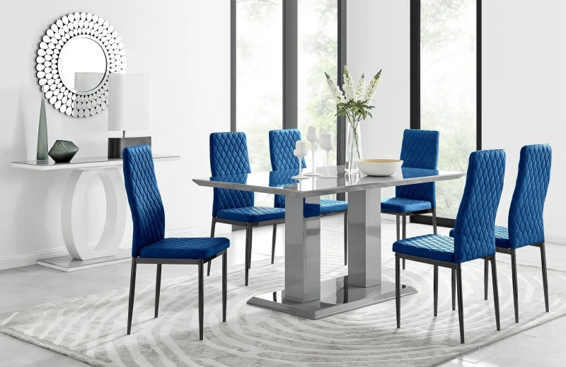 Image of FurnitureboxUK FurnitureboxUK Imperia 6 Grey Dining Table and 6 Velvet Milan Black Leg Chairs in Navy Navy One Size Unisex 5056657148881