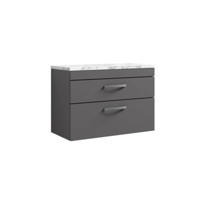 Image of Nuie Athena Wall Hung 2-Drawer Vanity Unit With Laminate Worktop In Carrera Marble, Sleek Counter Top Vanity Unit In Gloss Grey