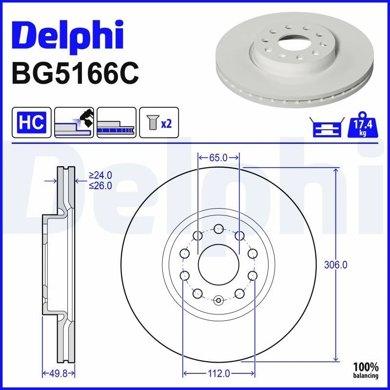 Image of DELPHI Brake disc DELPHI BG5166C