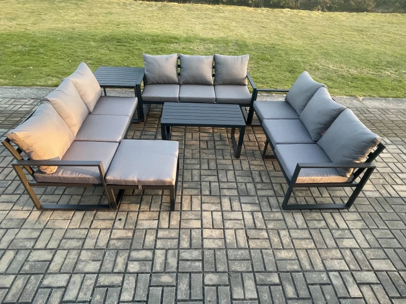 Image of Fimous Aluminium 10 Seater Outdoor Garden Furniture Set Lounge Sofa Oblong Coffee Table Big Footstool Side Table Sets in Dark Grey Dark Grey Unisex