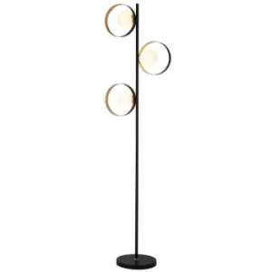 image of Searchlight Orbital 3 Light Matt Black And Gold Leaf Floor Light With Opal Glass