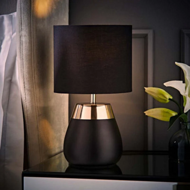 Image of ValueLights ValueLights Hurst Bulbous Touch Table Lamp with Drum Lamp Shade and Bulb in Black One Size Unisex 5059406070822