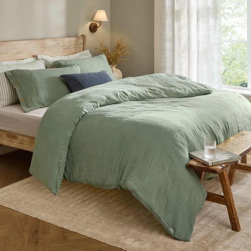 Image of Lark Cotton Muslin Duvet Cover Set Eucalyptus, Eucalyptus / Super King