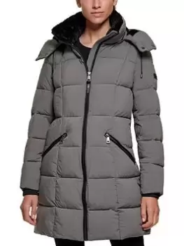 Image of DKNY Padded Long Line Coat, Grey, Size L, Women