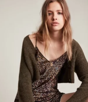 Image of AllSaints Womens Tiana Halftone Slip Dress, Green and Brown, Size: L