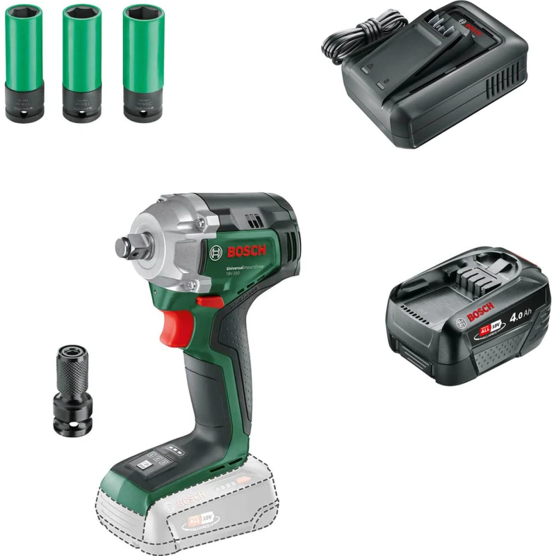 Image of Bosch UNIVERSALIMPACTDRIVE 18V-350 P4A 18v Cordless Impact Wrench 1 x 4ah Li-ion Charger No Case with Accessories