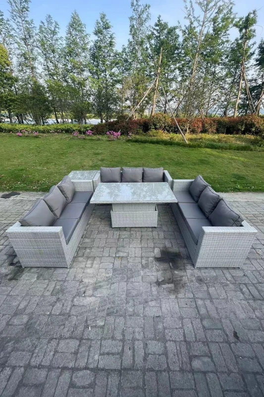Image of Fimous Lounge Rattan Garden Furniture Set Adjustable Rising Lifting Table Dining Set Side Coffee Table Light Grey