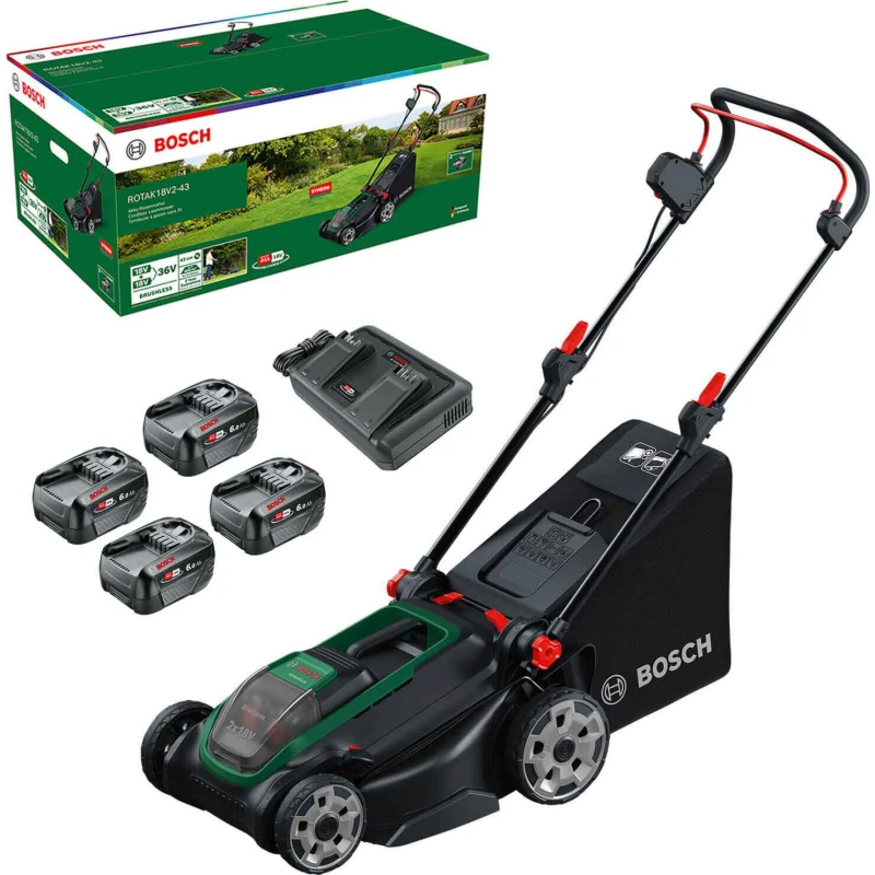Image of Bosch ROTAK 18V2-43 P4A 36v Cordless Brushless Rotary Lawnmower 430mm 4 x 6ah Li-ion Twin or Dual Battery Charger ROTAK 18V2-43