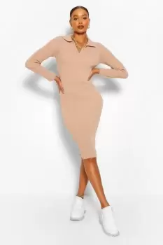 Image of Polo Collar Rib Knit Midi Dress