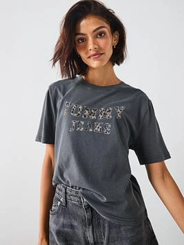 Image of Tommy Jeans Womens Leopard Varsity T-Shirt - Black Female 10