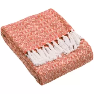 Image of Jewels Knitted Geometric Diamond 100% Cotton Tasselled Throw, Orange, 130 x 180 Cm - Furn