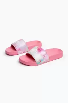 image of HYPE KIDS UNISEX Pink SPRAY DRIPS SCRIPT SLIDERS