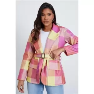 I Saw It First Pink Check Oversized Belted Wool Shacket With Bucket Pockets - Pink