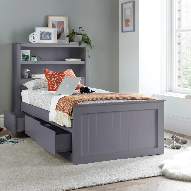 Image of Bedmaster Enzo Wooden 3 Drawer Bookcase Bed & Orthopaedic Mattress in Grey Size: Single Grey Unisex Single