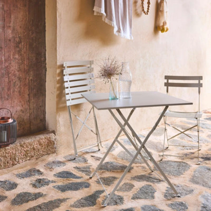 Image of Sweeek - Square 2-Seater Folding Metal Bistro Garden Table With 2 Chairs Beige 70X70X71cm - Emilia