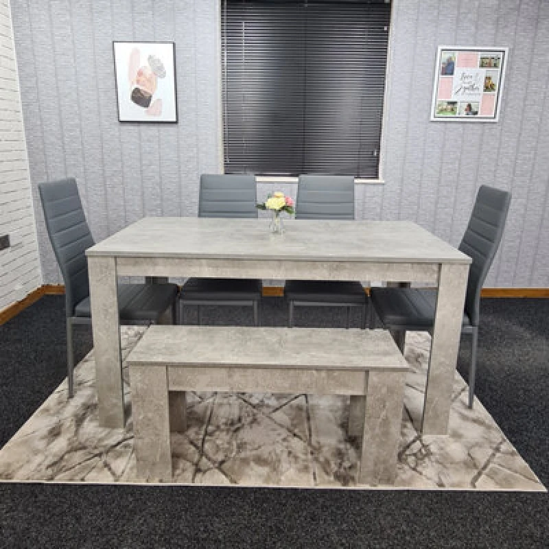 Image of KOSY KOALA Dining Table and 4 Chairs With Bench Stone Grey Effect Wood Table 4 Grey Leather Chairs Dining Room Stone grey 117 + 4 grey metal + 1 bench