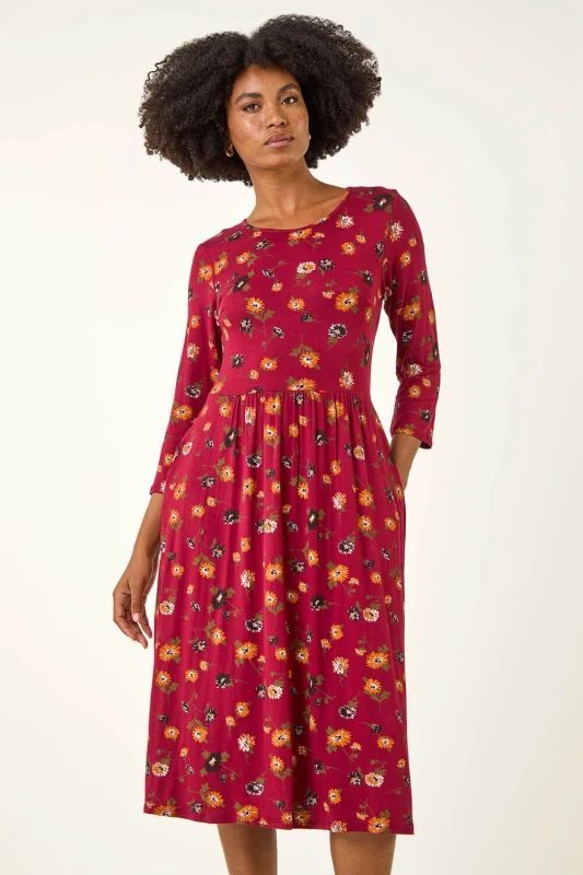 Image of Roman Floral Print Pocket Detail Midi Dress Orange female