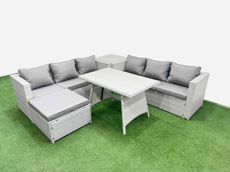 Image of Fimous 7-seater Patio Rectangular Table 3 Seater Sofa Set with Side Table in Light Grey Light Grey Unisex