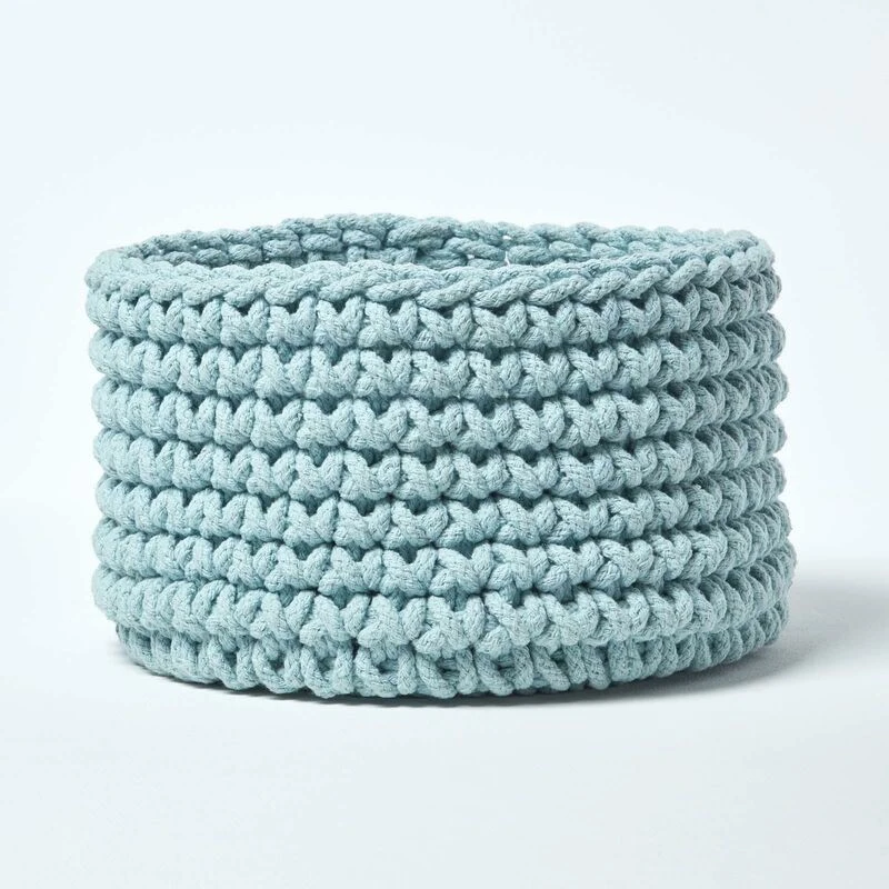 Image of Homescapes Cotton Knitted Round Storage Basket, 37 x 21cm Bright Blue