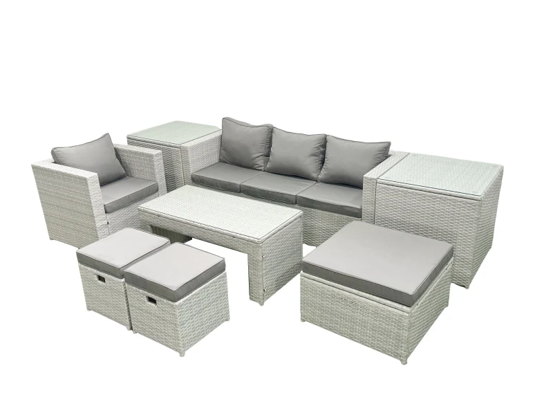 Image of Fimous Rattan Garden Furniture Set Outdoor Lounger Sofa with Coffee Table 3 Footstools 2 Side Tables Light Grey Mixed 7 Seater Light Grey