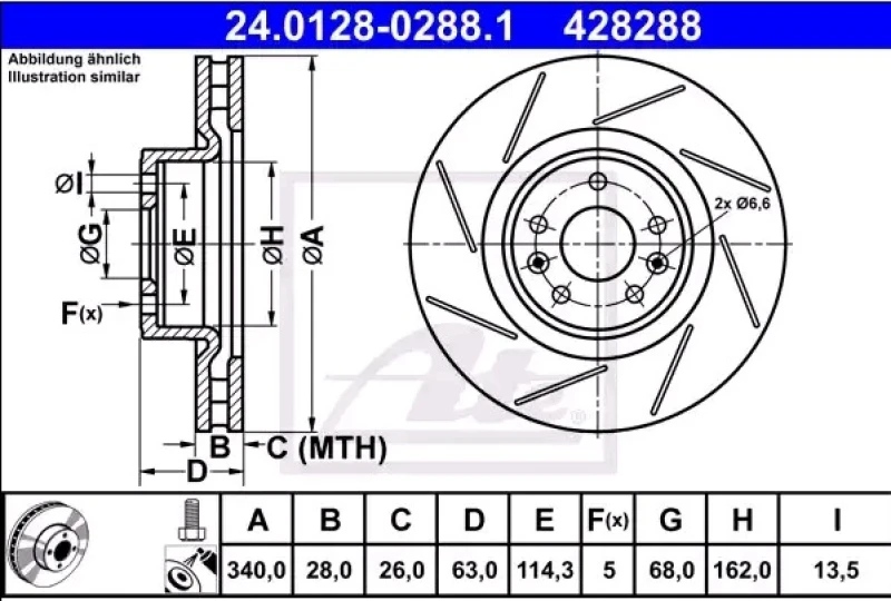Image of ATE 24.0128-0288.1 Brake disc slotted/internally vented, Coated, Alloyed/High-carbon, with bolts/screws Brake Disc (82)