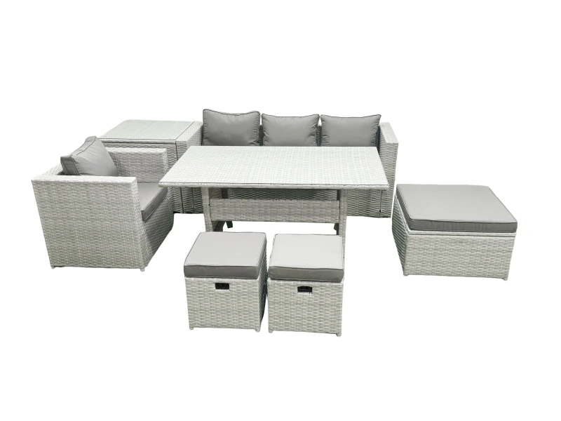 Image of Fimous Rattan Garden Furniture Dining Set 7 Seater Lounge Sofa Chair Dining Table Set with 3 Footstools Side Table Light Grey Mixed Light Grey