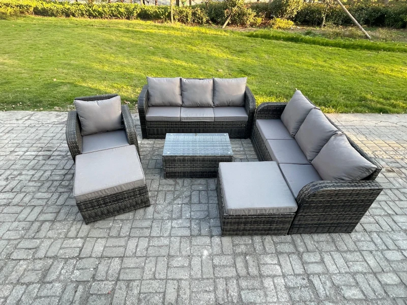 Image of Fimous Wicker PE Rattan Garden Furniture Set 9 Seater Outdoor Lounge Sofa Set with Coffee Table 2 Big Footstool Dark Grey Mixed Dark Grey