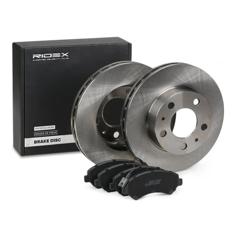 Image of RIDEX 3405B0446 Brake disc and pads set Front Axle, Brake Disc Type: Vented, incl. wear warning contact Brake Set,disc brakes (3405)