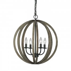 Image of 4 Light Spherical Cage Ceiling Pendant Dark Wood, Antique iron, E14