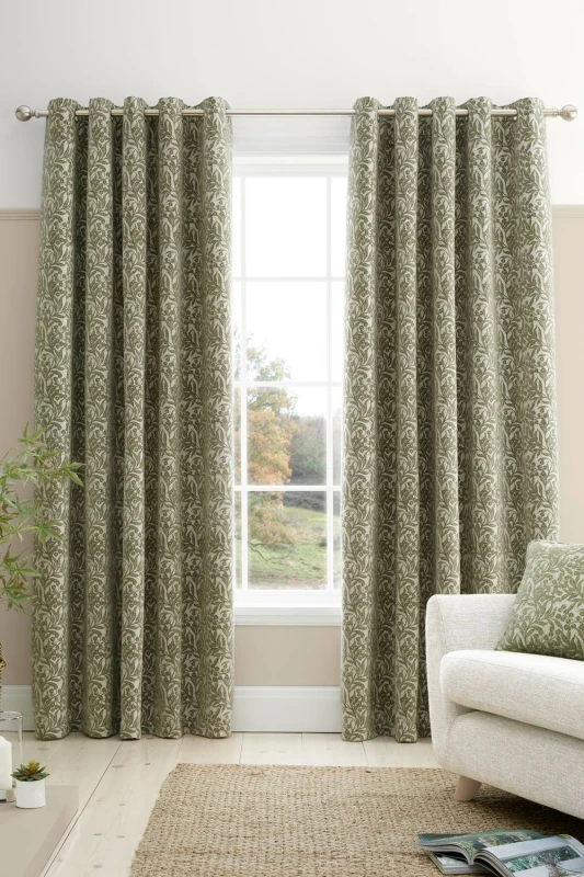Image of Bianca 'Chenille Leaves' Lined Eyelet Curtains in Green Size: 229cm width x 229cm drop Green Unisex 229cm width x 229cm drop