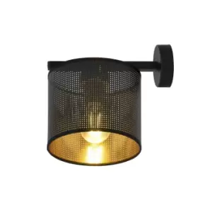 Image of Jordan Black Wall Lamp with Shade with Black, Gold Fabric Shades, 1x E27