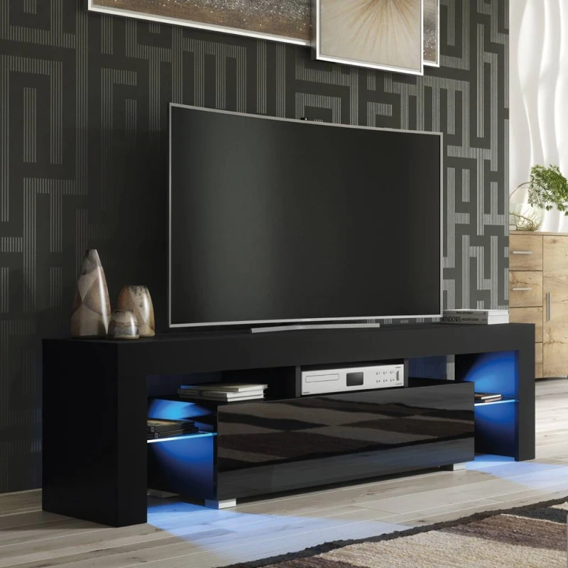 Image of Creative Furniture Aria TV Unit 160cm - Black with Gloss Doors & LED Lights Black Unisex