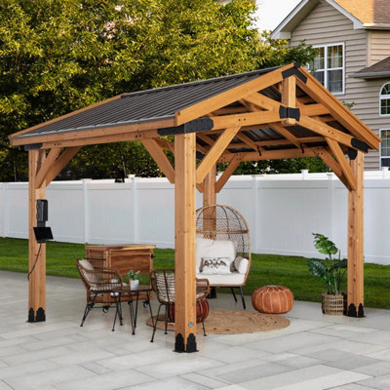 Image of Backyard Discovery Norwood Cedar Wood Outdoor Patio Gazebo With Powerport 3.7 X 3.1M (12ft X 10ft)