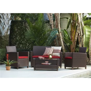 image of Malmo 4 Piece Resin Wicker Rattan Outdoor Garden Set Brown - Red Cushions - Cosco